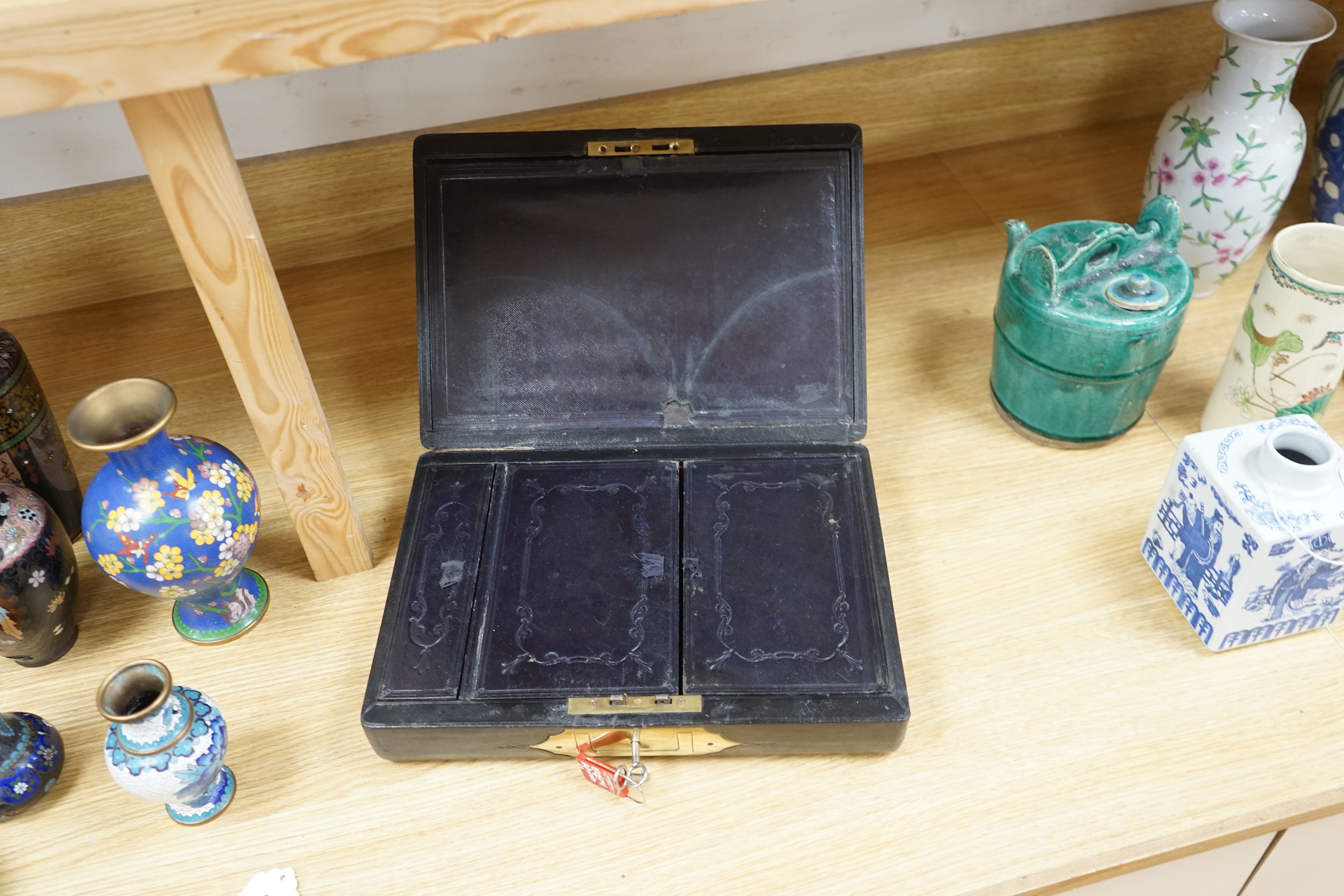 A Perry & Co London Travelling Writing Box, with Bramah Lock & Keys, 36cm wide. Condition - fair